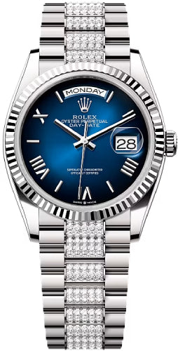 Rolex Day-Date 36 36mm Blue Ombré Dial Fluted Bezel with Diamond-Set President Bracelet - 128239