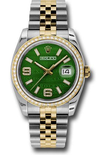 Rolex Steel and Yellow Gold Rolesor Datejust 36 Watch - 52 Brilliant-Cut Diamond Bezel - Green Wave Diamond Arabic 6 And 9 Dial - Jubilee Bracelet - 116243 gwdaj