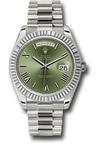 Rolex White Gold Day-Date 40 Watch - Fluted Bezel - Olive Green Bevelled Roman Dial - President Bracelet - 228239 ogrp