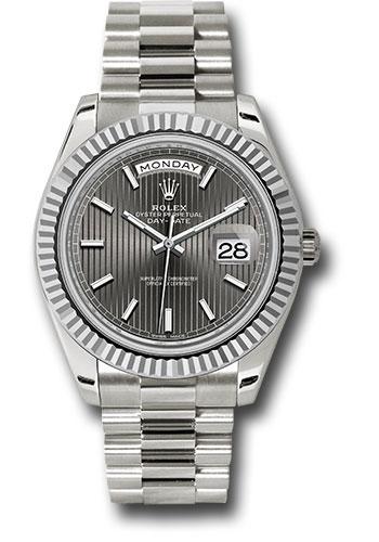 Rolex White Gold Day-Date 40 Watch - Fluted Bezel - Dark Rhodium Stripe Motif Index Dial - President Bracelet - 228239 rsmip