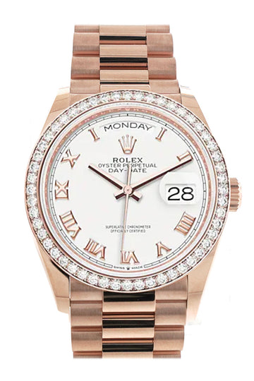 Rolex Day-Date 36 White Dial Diamond Bezel 18K Everose Gold President Watch 128345RBR