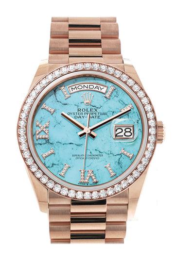 Rolex Day-Date 36 Turquoise Dial Diamond Bezel 18K Everose Gold President Watch 128345RBR