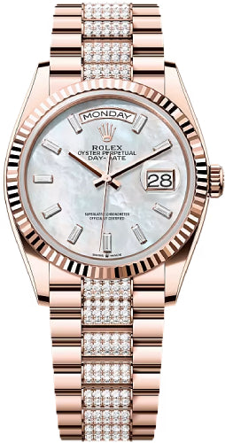 Rolex Day-Date 36 36mm White MOP Diamond-Set Dial Fluted Bezel President Bracelet - 128235