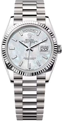 Rolex Day-Date 36 36mm White MOP Diamond-Set Dial Fluted Bezel President Bracelet - 128239