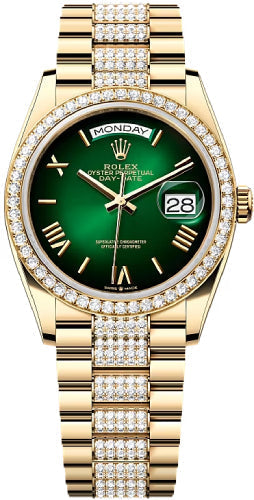 Rolex Day-Date 36 36mm Green Ombré Dial Diamond-Set Bezel with Diamond-Set President Bracelet - 128348RBR 