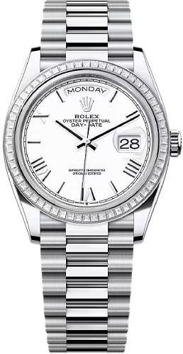 Rolex Day-Date 36 36mm White Roman Dial Diamond-Set Bezel President Bracelet - 128396TBR