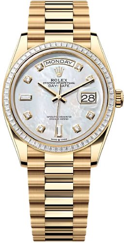 Rolex Day-Date 36 36mm White MOP Diamond Dial Diamond-Set Bezel President Bracelet - 128398TBR