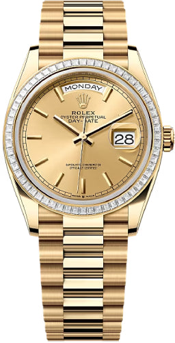 Rolex Day-Date 36 36mm Champagne Stick Dial Diamond-Set Bezel President Bracelet - 128398TBR