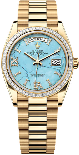 Rolex Day-Date 36 36mm Turquoise Diamond Dial Diamond-Set Bezel President Bracelet - 128398TBR