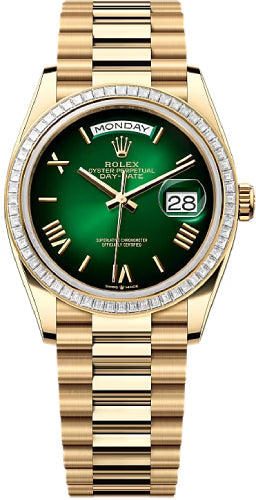 Rolex Day-Date 36 36mm Green Ombré Roman Dial Diamond-Set Bezel President Bracelet - 128398TBR