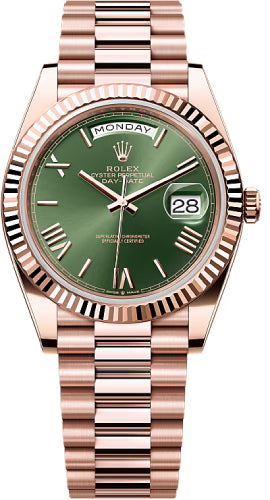 Rolex Day-Date 40 40mm Slate Olive Green Roman Dial Fluted Bezel President Bracelet - 228235 | 2024 Model